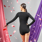 Black rhinestone ring draped neck dance bodysuit, back view