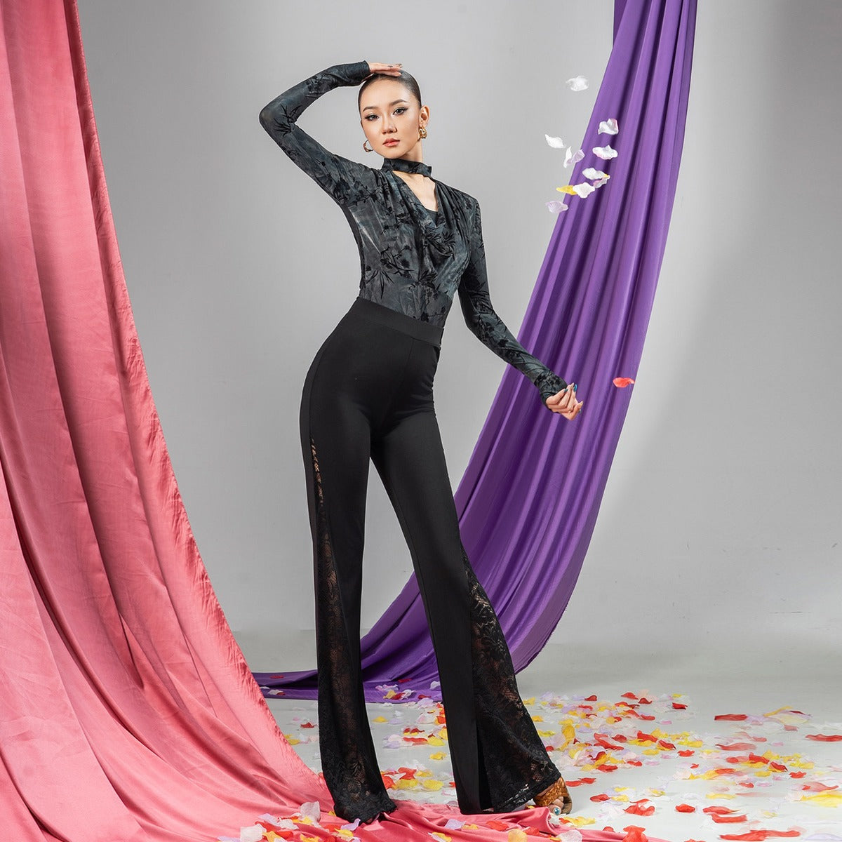 Black Floral velvet cowl neck dance bodysuit, front view