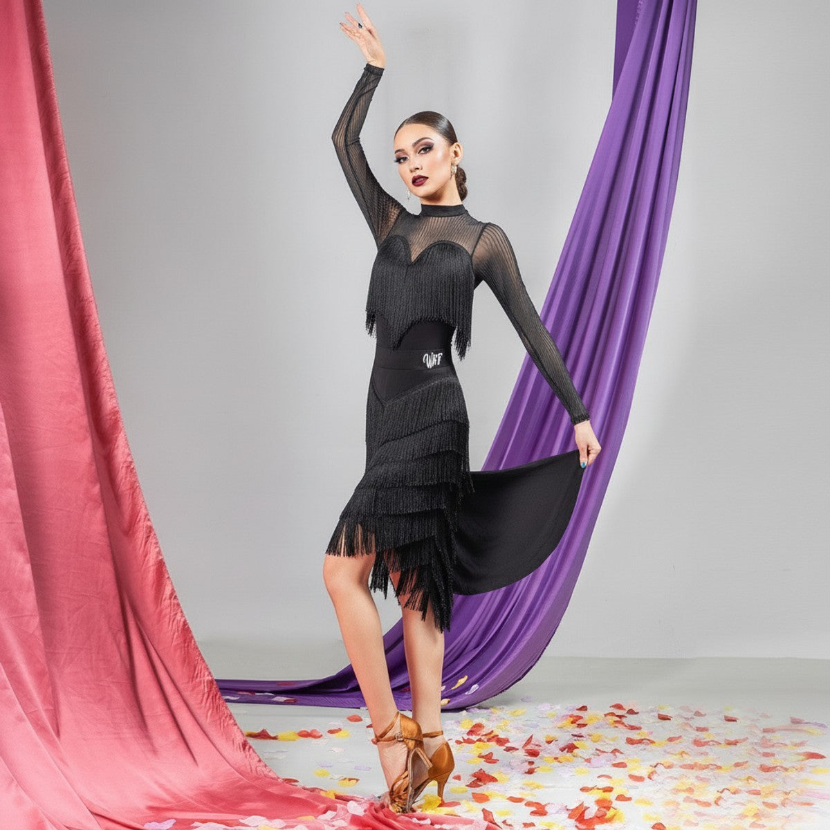 Black fringe bust mesh long sleeve Latin dance leotard for Latin practice, front view