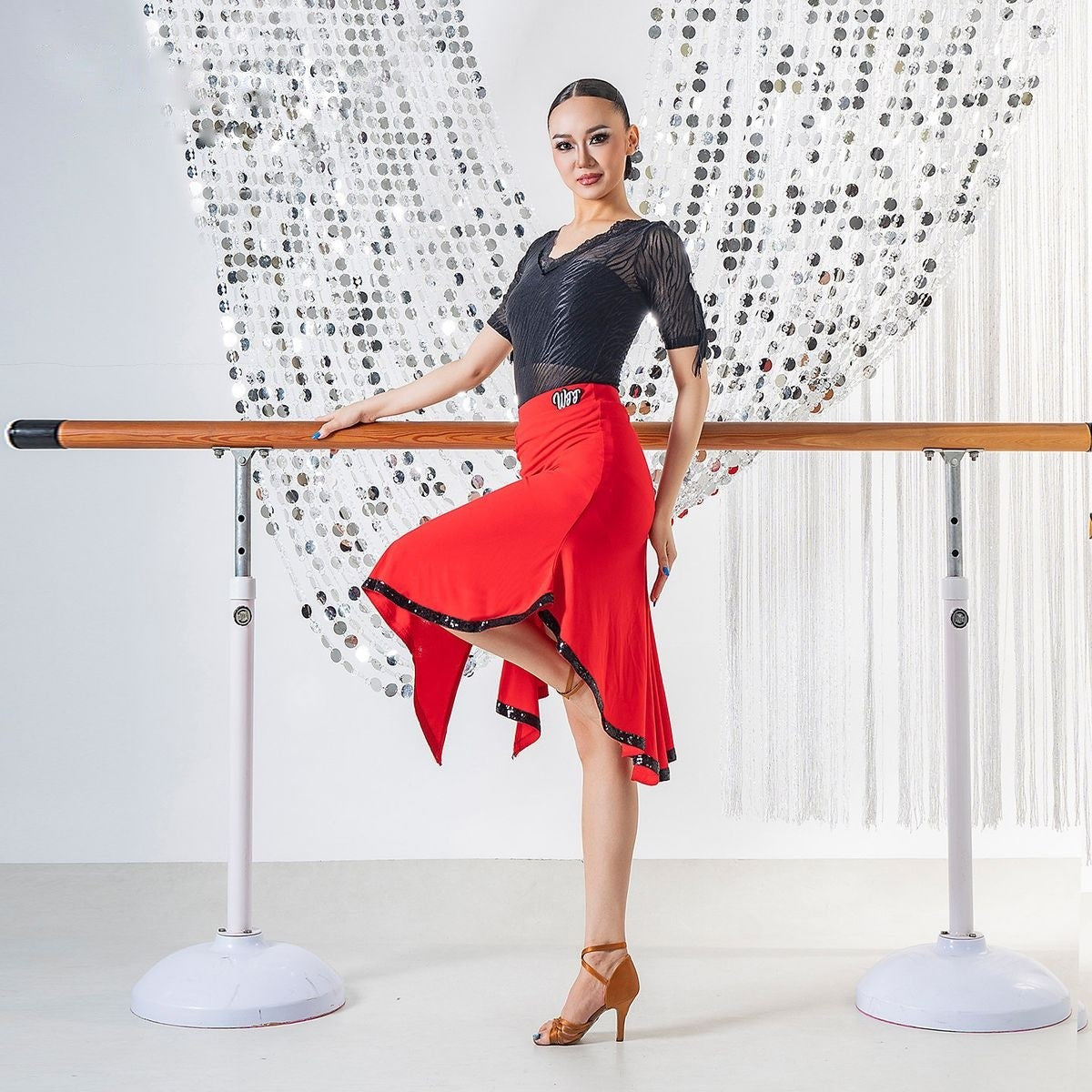 Red sequin edge handkerchief Latin dance skirt, front view