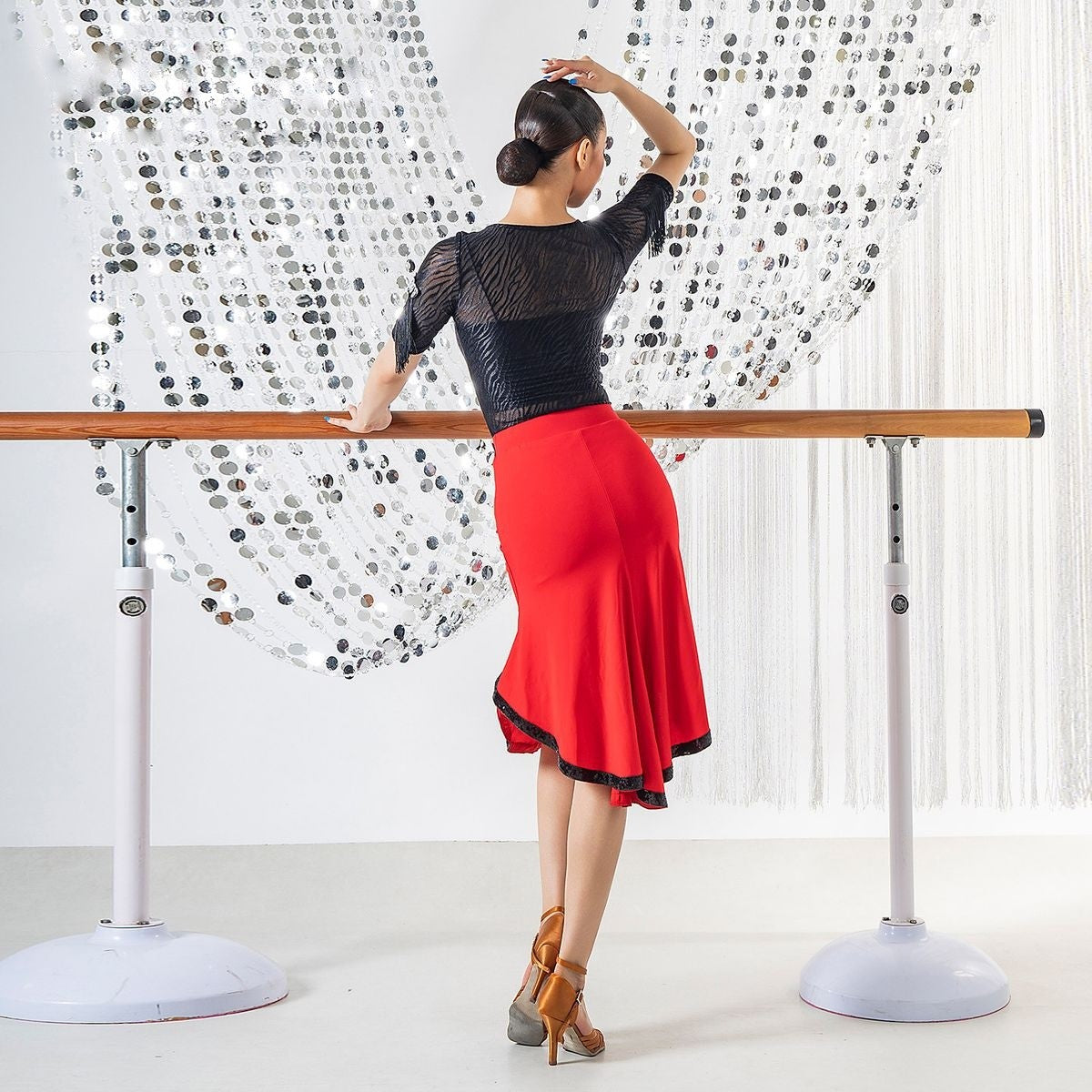 Red sequin edge handkerchief Latin dance skirt, back view