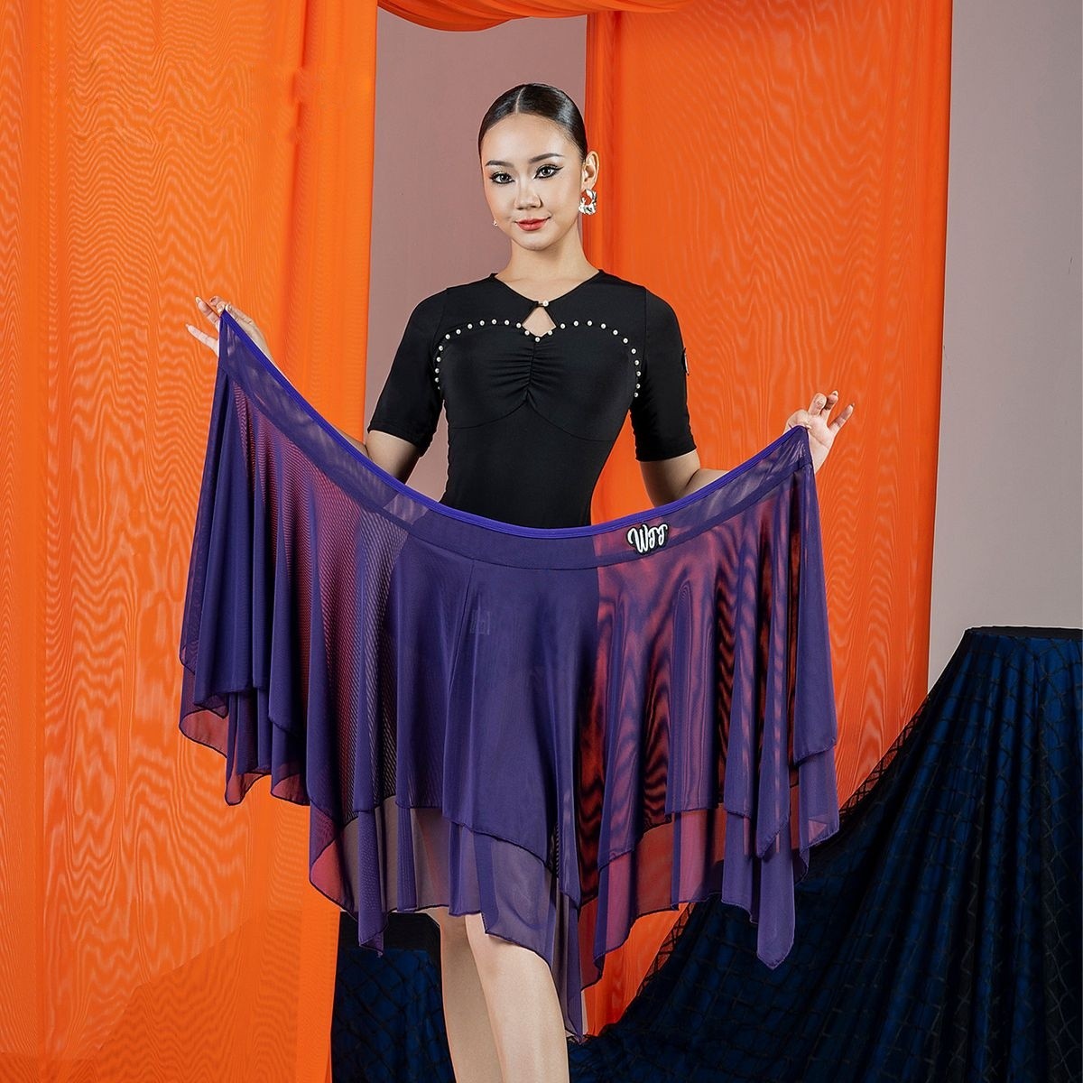 Purple double mesh wrap Latin dance hip scarf, flat lay