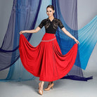 Red rhinestone wave ballroom dance skirt for ballroom practice, front view