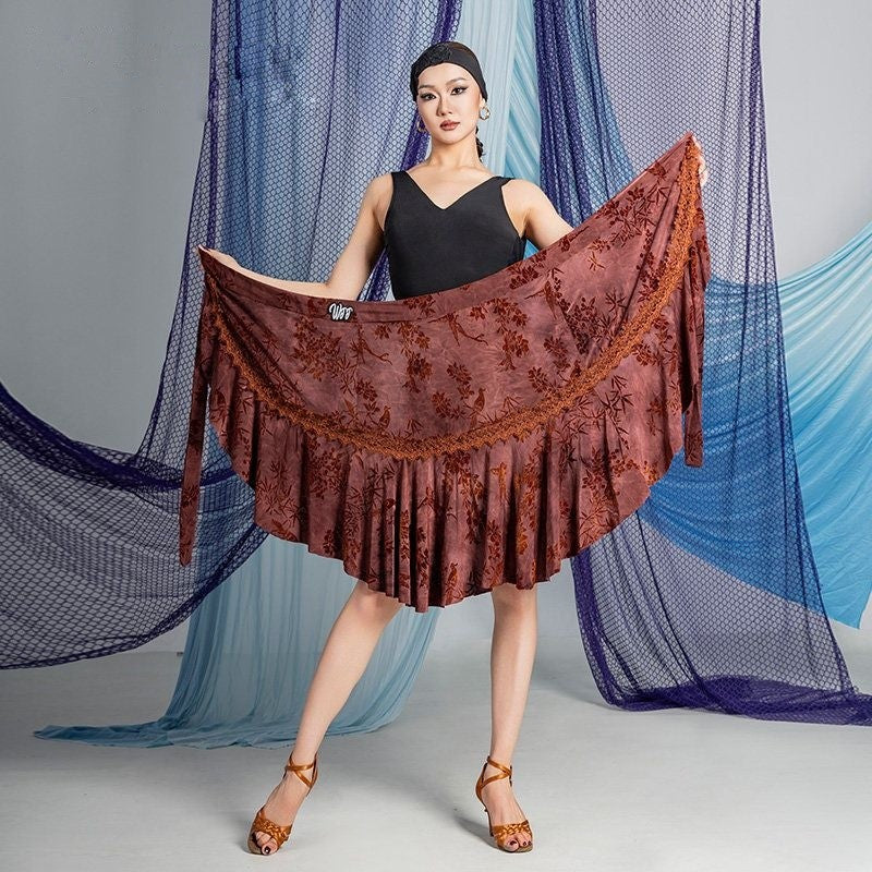Brown burnout floral wrap Latin dance hip scarf for salsa practice, flat lay