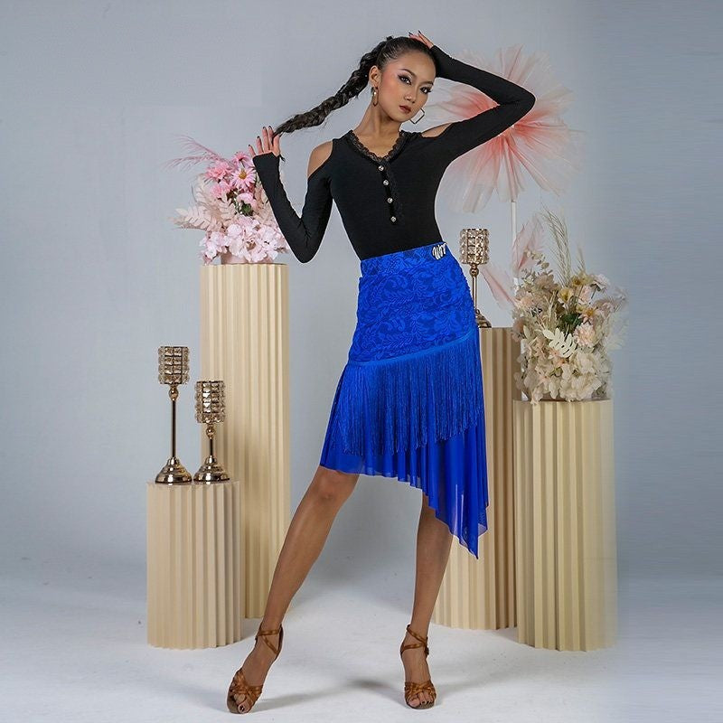 Royal Blue lace fringe Latin dance skirt for salsa practice, front view