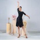 Black sequin mesh patchwork Latin dance skirt for salsa practice, front view