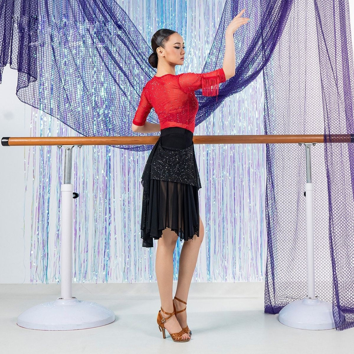 Black sequin mesh patchwork Latin dance skirt, side view