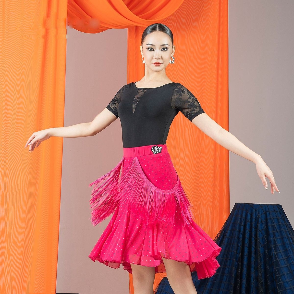 Fuchsia rhinestone mesh fringe Latin dance skirt, front view