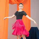 Fuchsia rhinestone mesh fringe Latin dance skirt, front view