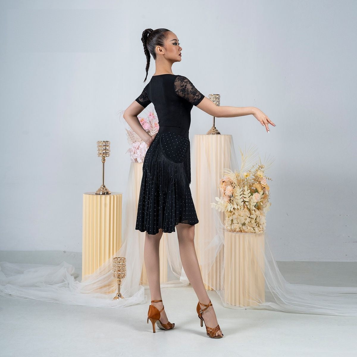 Black rhinestone mesh fringe Latin dance skirt, side view
