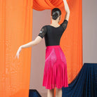 Fuchsia rhinestone mesh fringe Latin dance skirt, back view