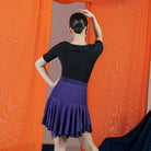 Purple mesh streamer ruffle Latin dance skirt, back view