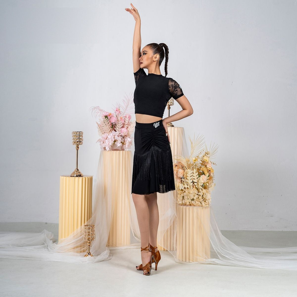 Black fringe mesh ruffle Latin dance skirt, side view