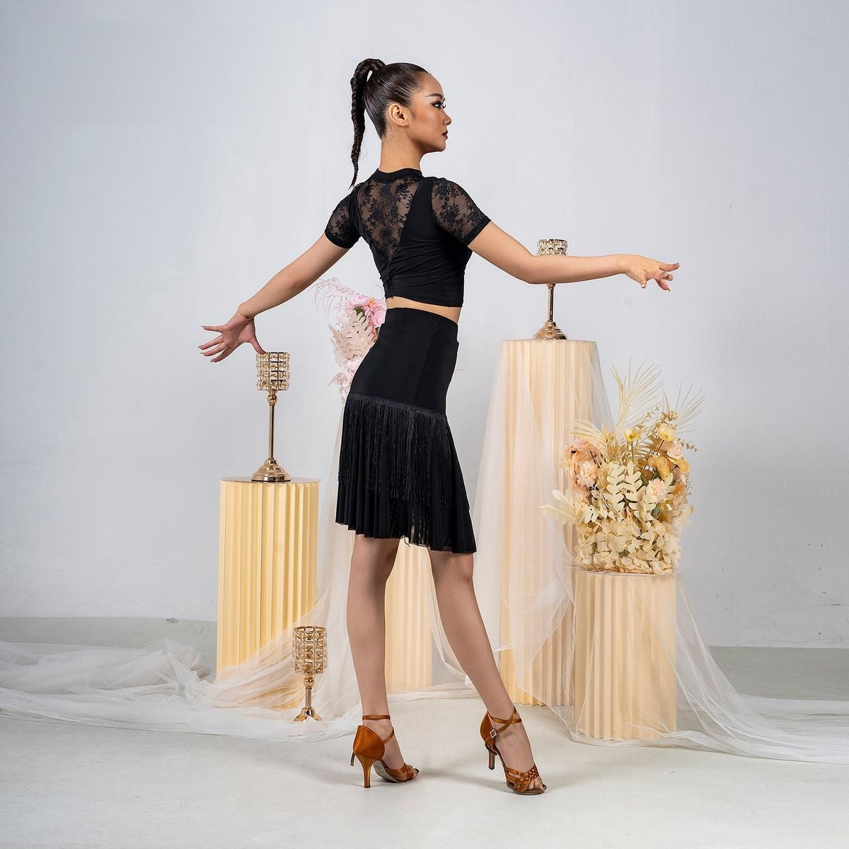 Black fringe mesh ruffle Latin dance skirt, back view