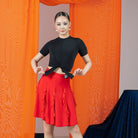 Red sequin stripe ruffle Latin dance skirt for salsa practice, front view