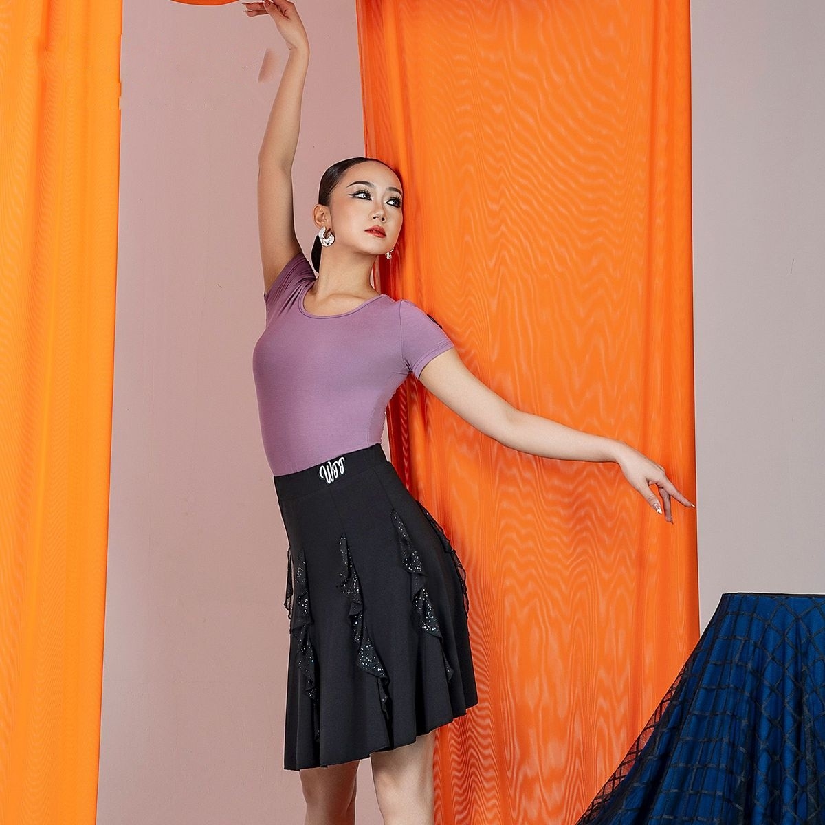 Black sequin stripe ruffle Latin dance skirt, front view