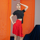 Red sequin stripe ruffle Latin dance skirt, front view