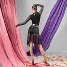 Black & Purple metallic fringe Latin dance skirt, back view