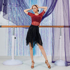 Black zigzag fringe mesh Latin dance skirt for salsa practice, front view