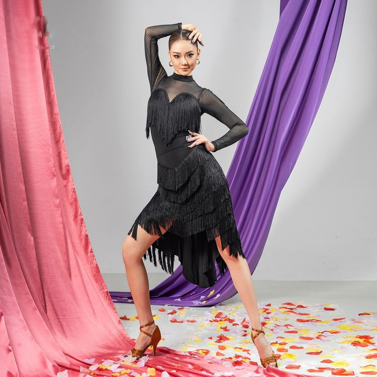 Black layered fringe fishtail Latin dance skirt for salsa practice, front view