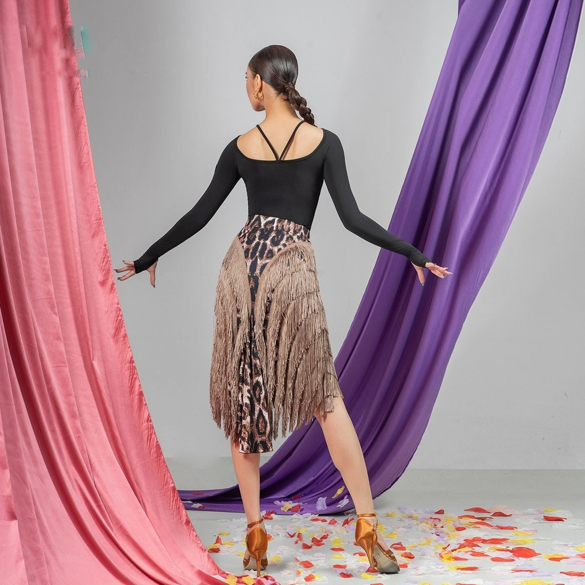 Leopard layered fringe fishtail Latin dance skirt, back view