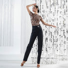 Leopard deep V back short sleeve Latin dance leotard for Latin practice, front view