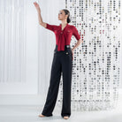 Wine Red ribbed tie front half sleeve dance bodysuit, front view