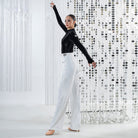 Black rhinestone velvet mock neck dance bodysuit, side view