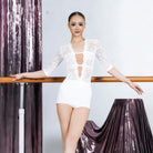 White lace plunge V neck half sleeve dance bodysuit, front view