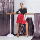 Black lace fringe flounce sleeve Latin dance leotard for Latin practice, front view
