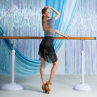 Grey ribbed V neck lace up back dance bodysuit, side view