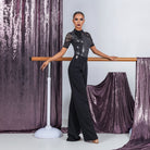 Black shimmer lace shoulder Latin dance leotard for Latin practice, front view
