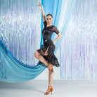 Black wet look lace ruffle dance bodysuit, side view