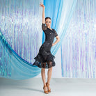 Black wet look lace ruffle Latin dance leotard for Latin practice, front view