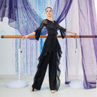 Black sequin ruffle mesh bell sleeve dance bodysuit, front view