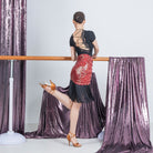 Red & Gold Leopard gold leopard fringe Latin dance skirt, back view