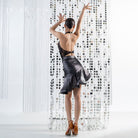 Silver fishbone ruffle mini Latin dance skirt, back view