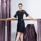 Black rhinestone ruffle Latin dance skirt, front view