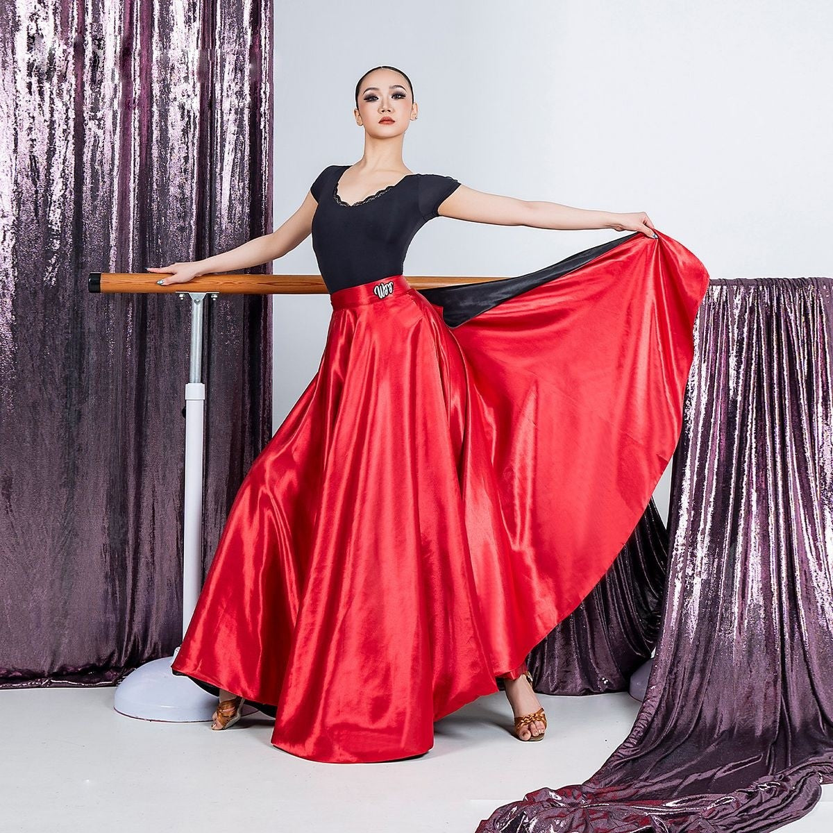 Red paso doble cape flamenco dance skirt for salsa practice, front view