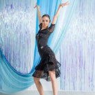 Black wet look lace fishtail Latin dance skirt for salsa practice, front view