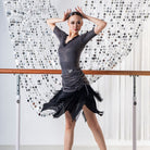 Dark Grey drawstring fringe Latin dance skirt, front view