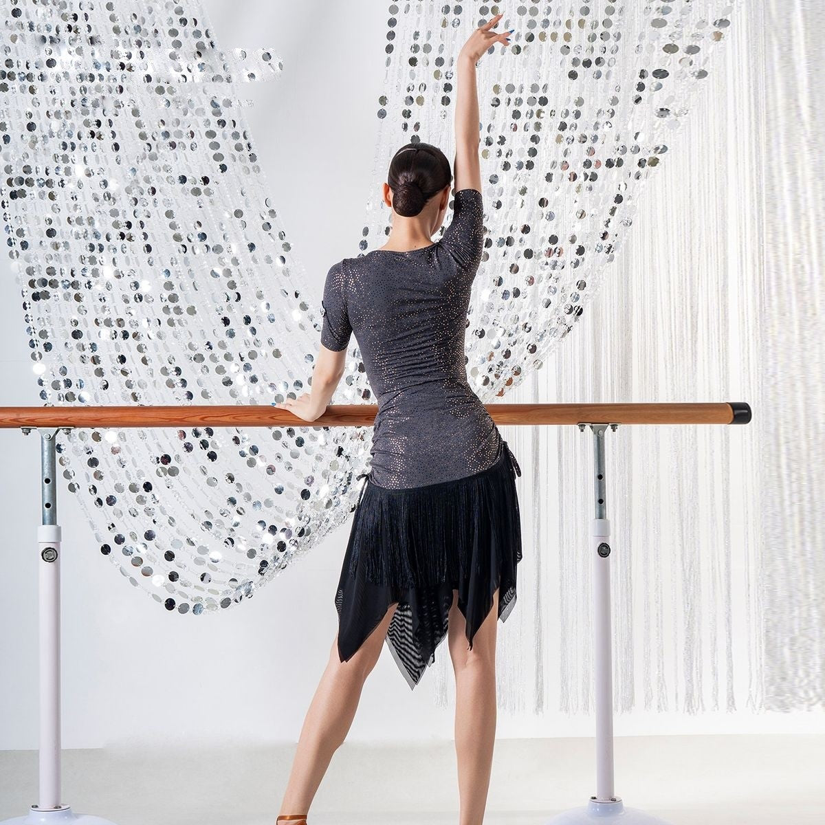 Dark Grey drawstring fringe Latin dance skirt, back view