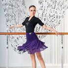 Purple sequin mesh ruffle Latin dance skirt, front view
