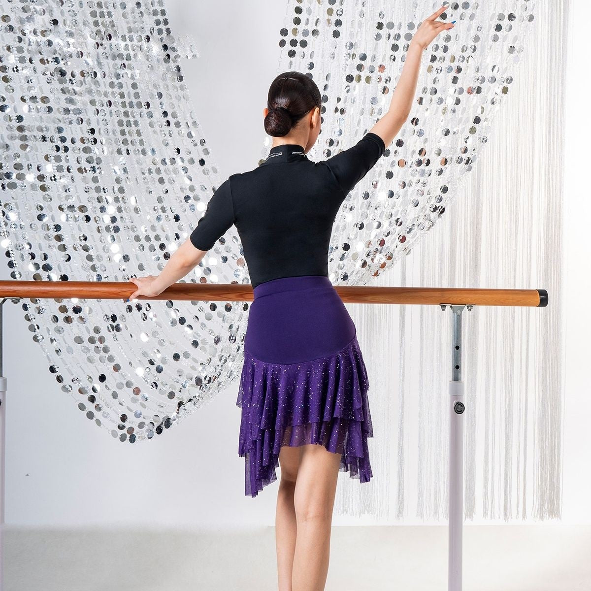 Purple sequin mesh ruffle Latin dance skirt, back view