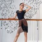 Coffee polka dot fringe Latin dance skirt for salsa practice, front view