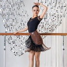 Coffee polka dot fringe Latin dance skirt, front view
