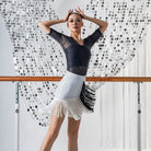 White polka dot fringe Latin dance skirt, front view