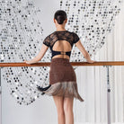 Coffee polka dot fringe Latin dance skirt, back view