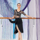 Black sequin trim slit Latin dance skirt for salsa practice, front view