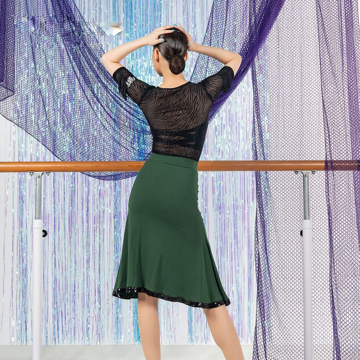 Dark Green sequin trim slit Latin dance skirt, back view